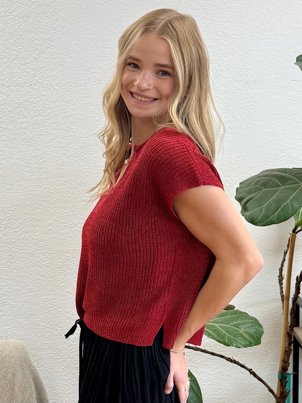 Red Split Neck Knit Pullover