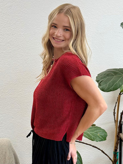 Red Split Neck Knit Pullover
