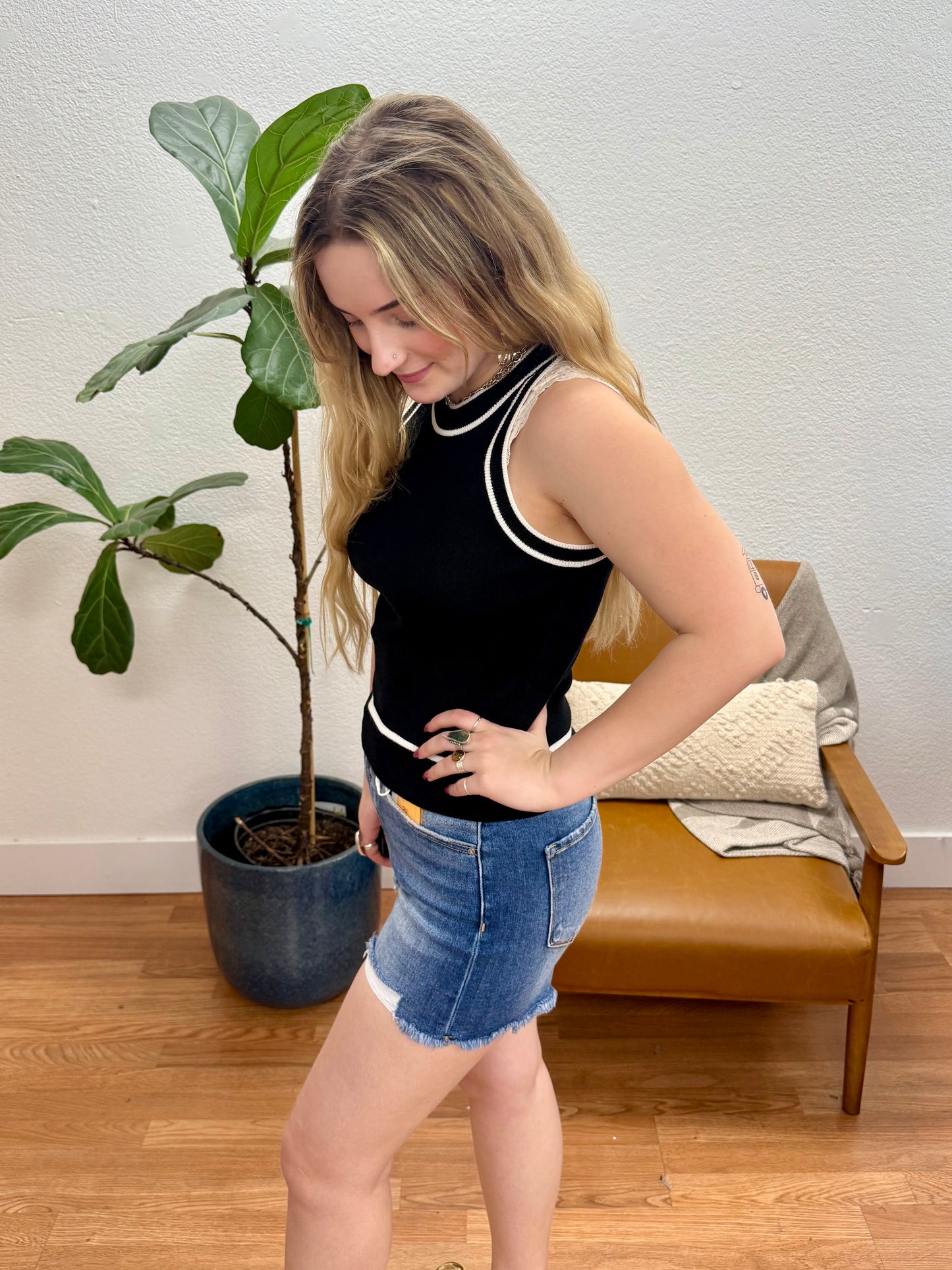 Black Contrast Stripe Halter Top
