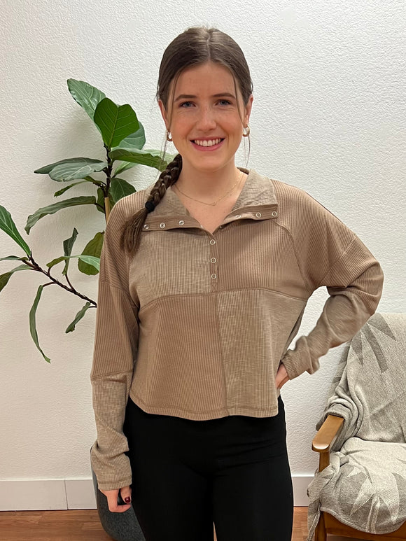 Mocha Collared Ribbed Henley Top