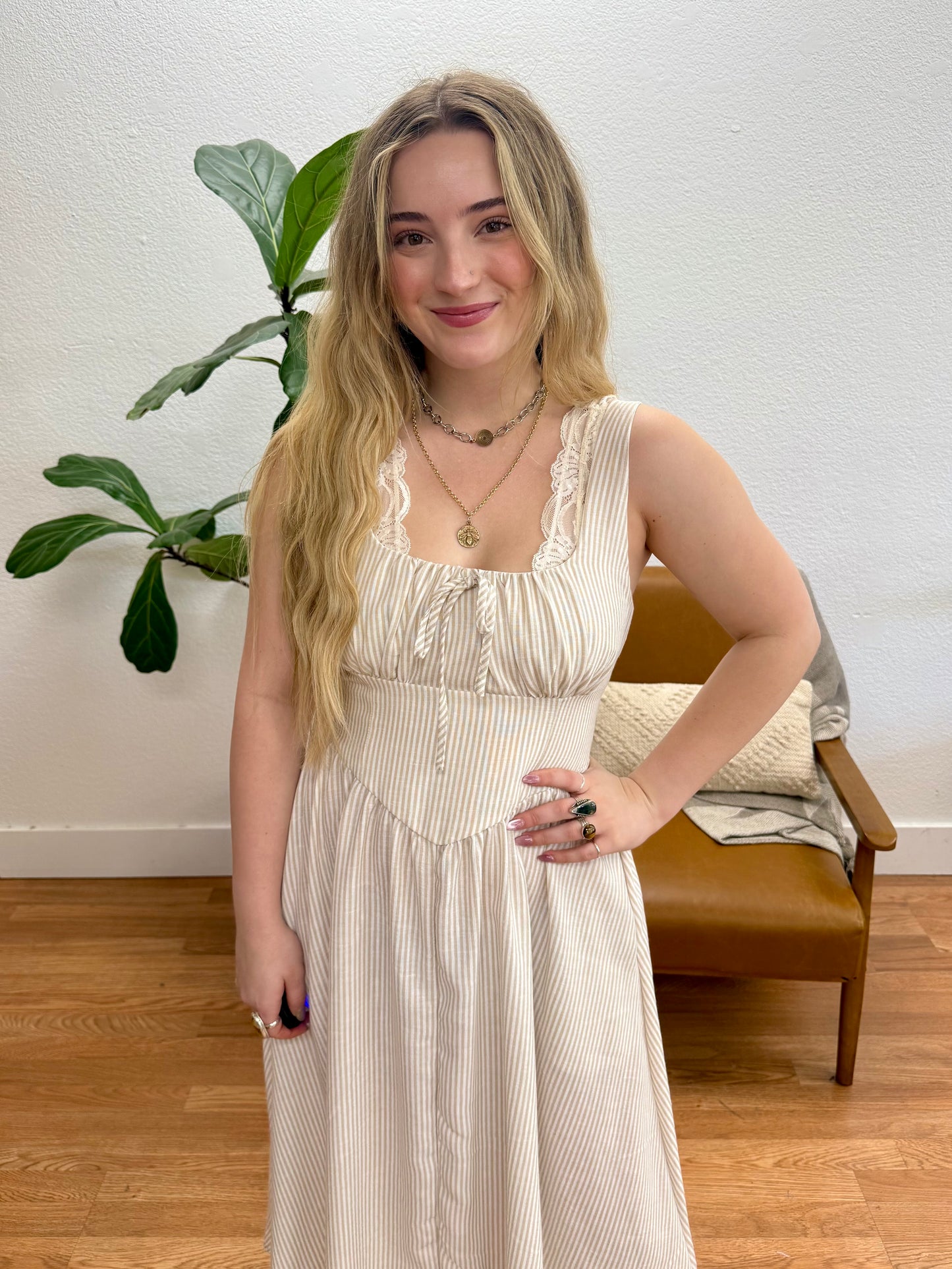 Light Taupe Corset Detail Midi Dress