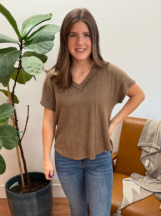 Brown V-Neck Sweater Knit Top