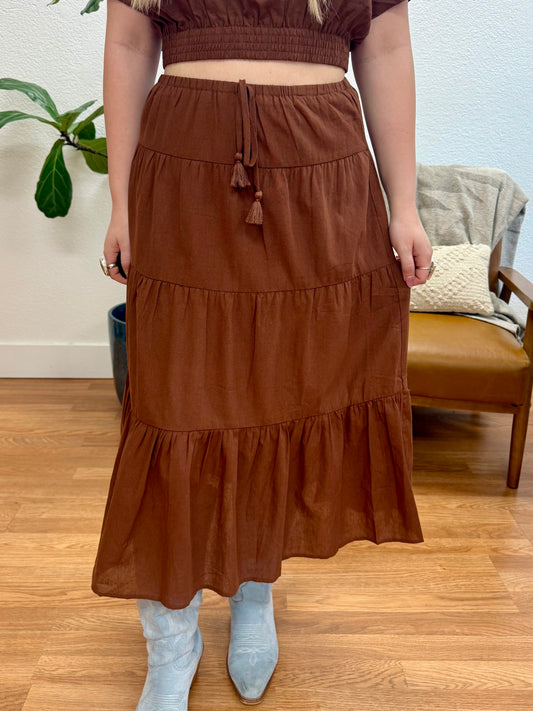 Brown Elastic Maxi Skirt