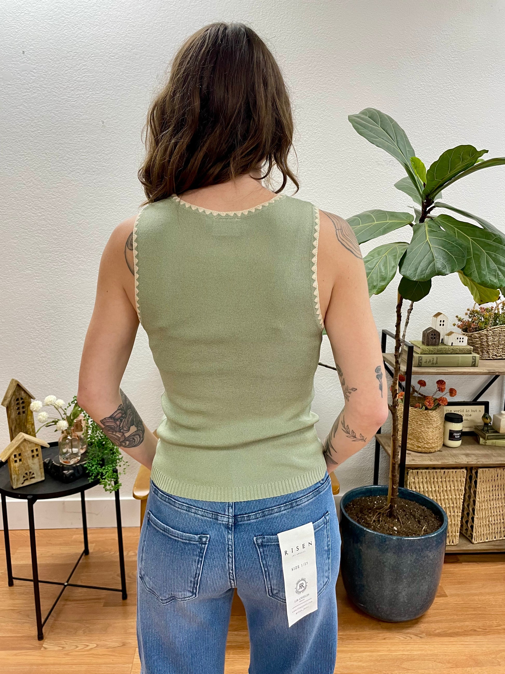Sage Contrast Hem Sleeveless Sweater - Terra Cottage