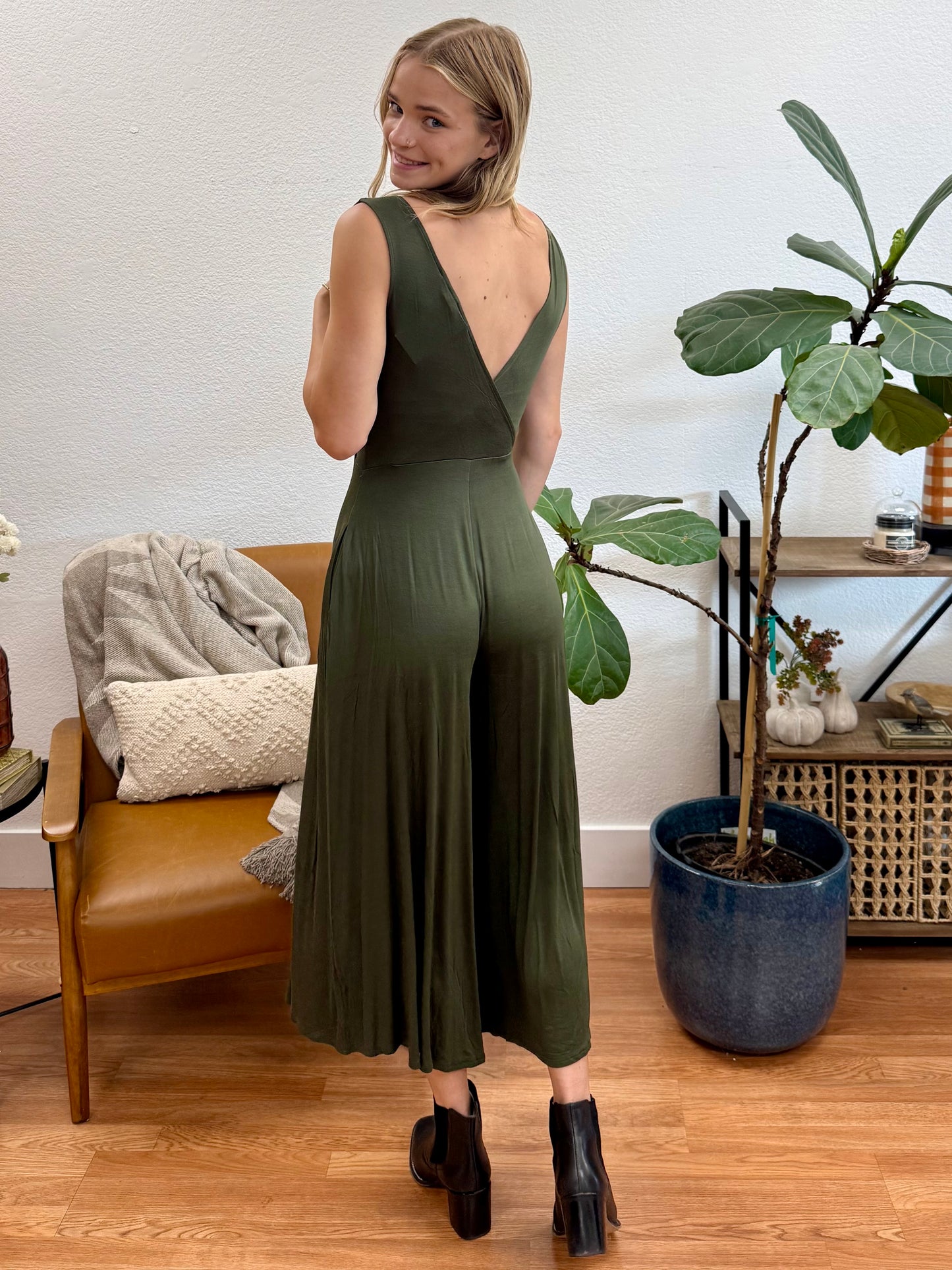 Dark Olive Surplice Neckline Sleeveless Jumpsuit