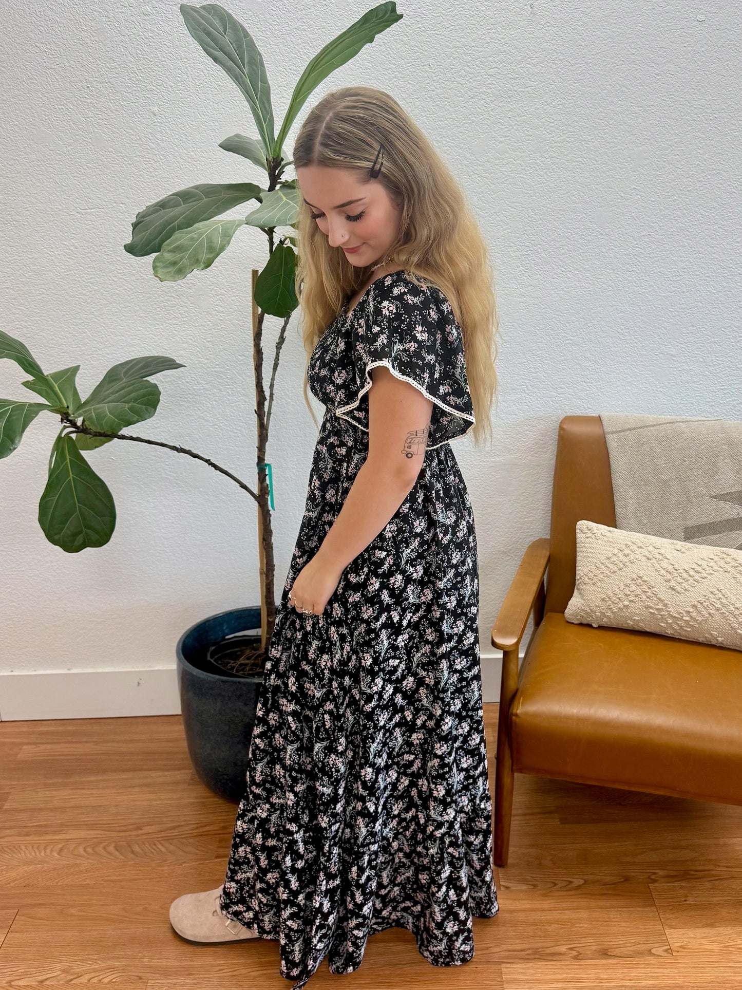Black Romantic Smocked Maxi Dress