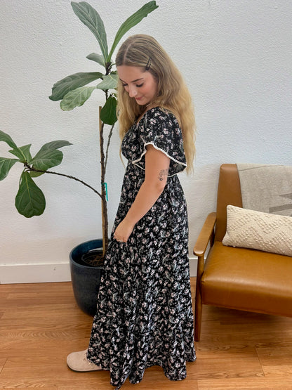 Black Romantic Smocked Maxi Dress