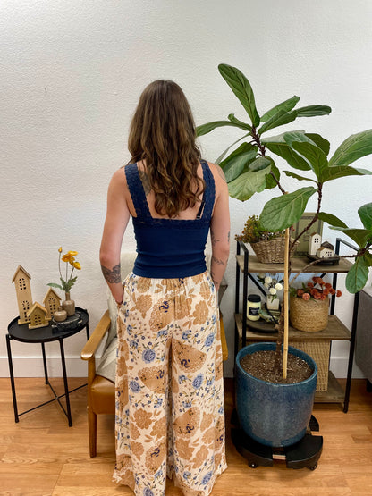 Ivory Soft Floral Wide Leg Pants