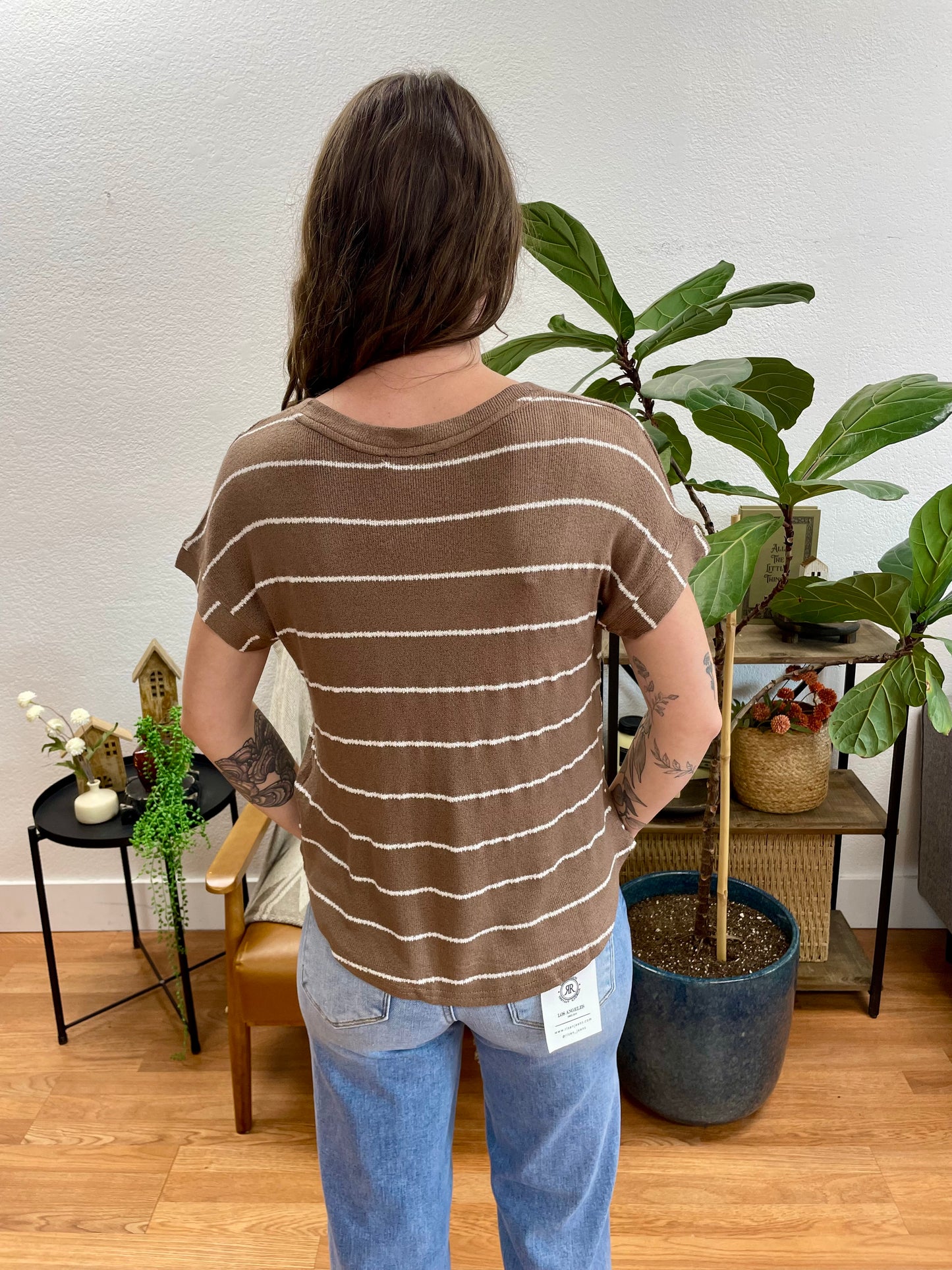 Mocha Striped V Neck Knit Tee