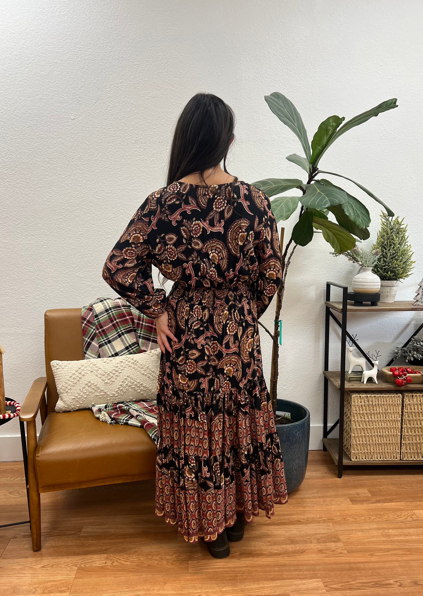 Black Print V-Neck Maxi Dress