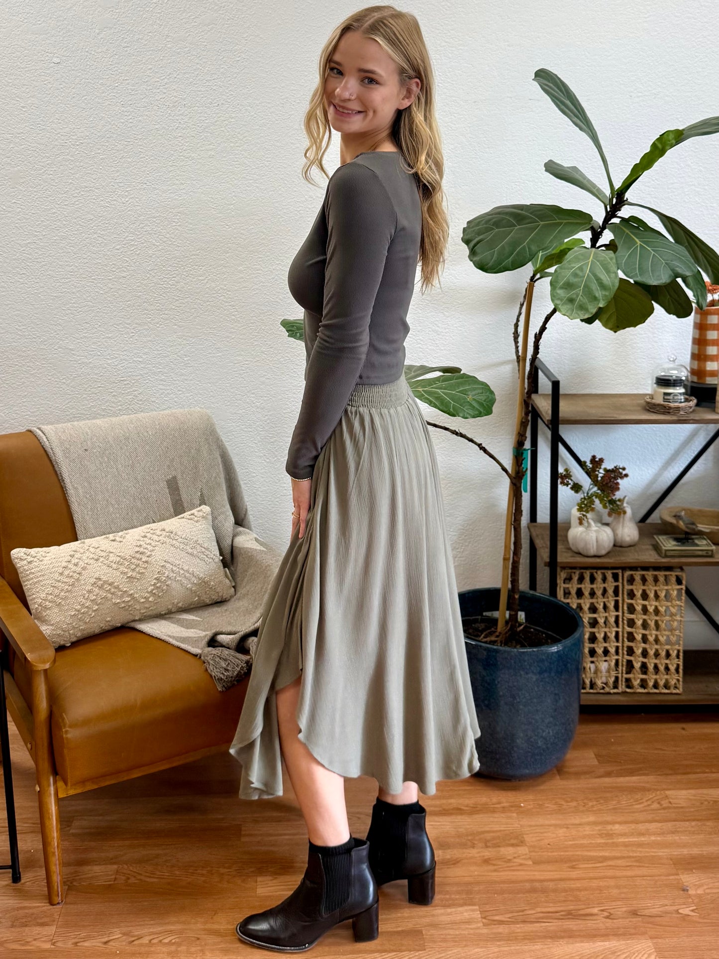Olive Smocked Waist Flowy Skirt