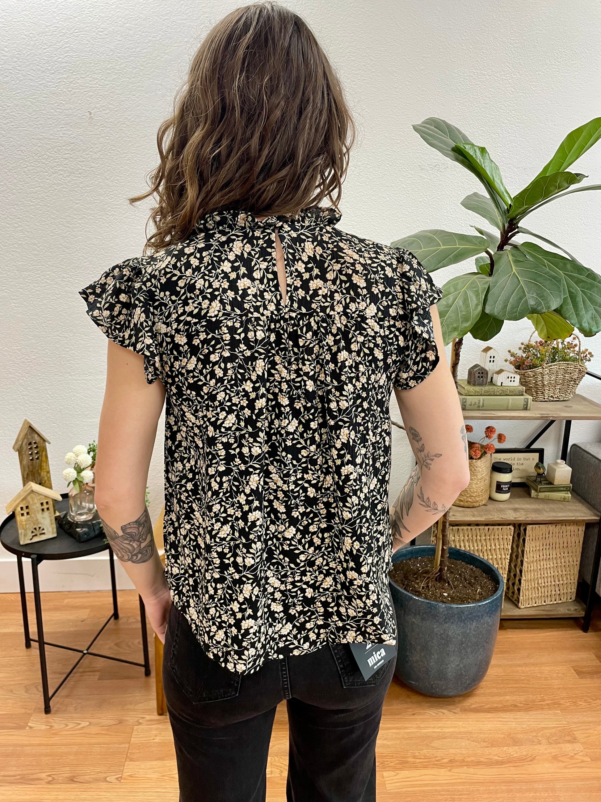 Black Floral Lace Yoke Top - Terra Cottage