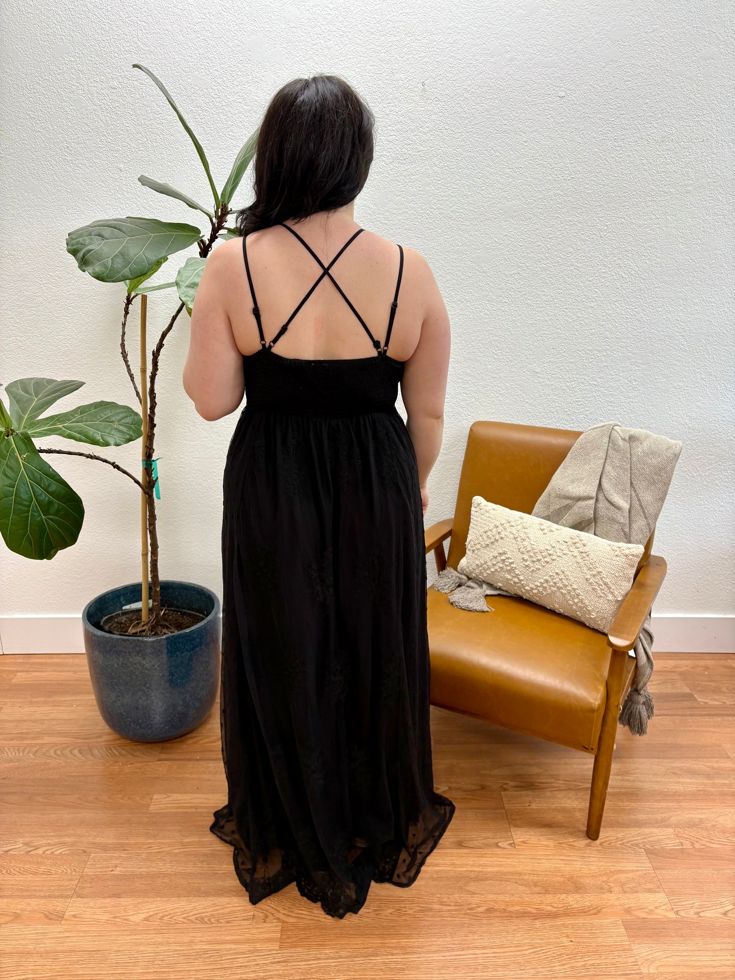 Black Lace Trim Back Cross Maxi Dress