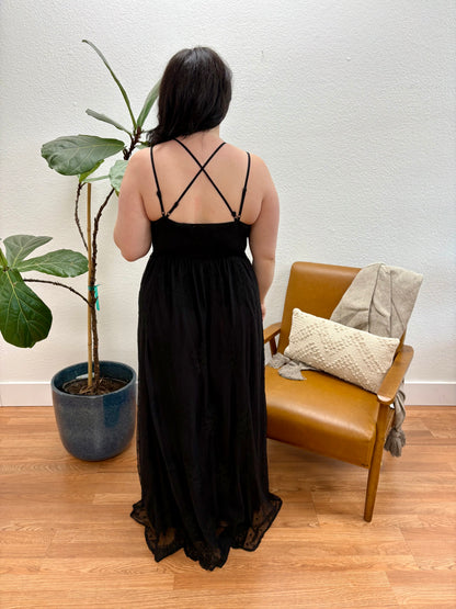 Black Lace Trim Back Cross Maxi Dress