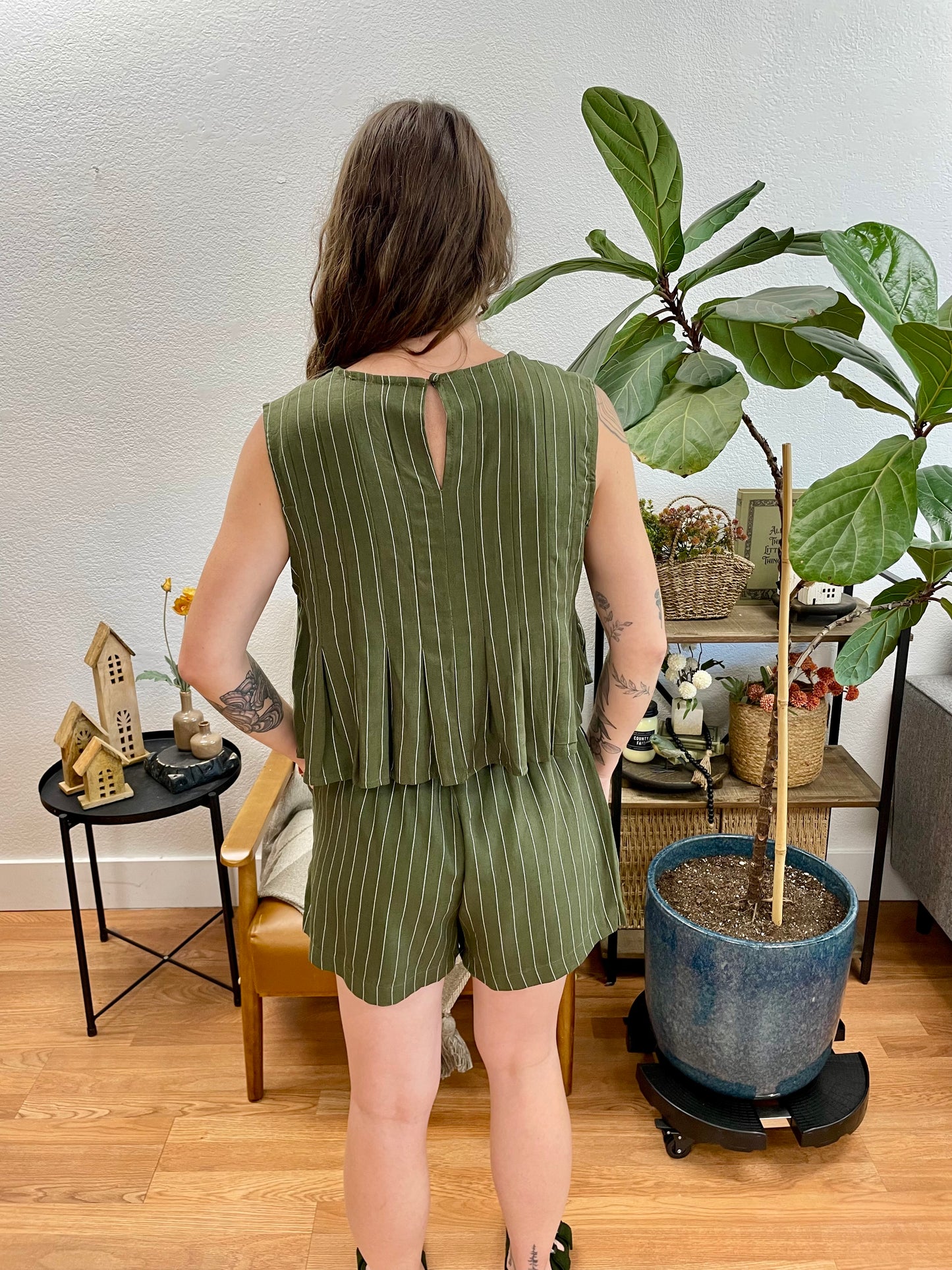 Olive Linen Striped Shorts