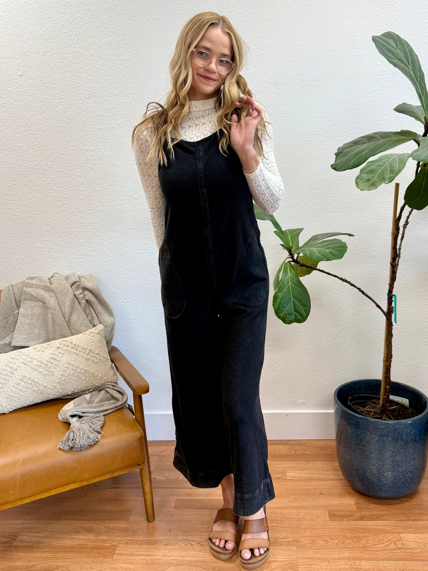 Black Mineral Washed Waffle Knit Jumpsuit