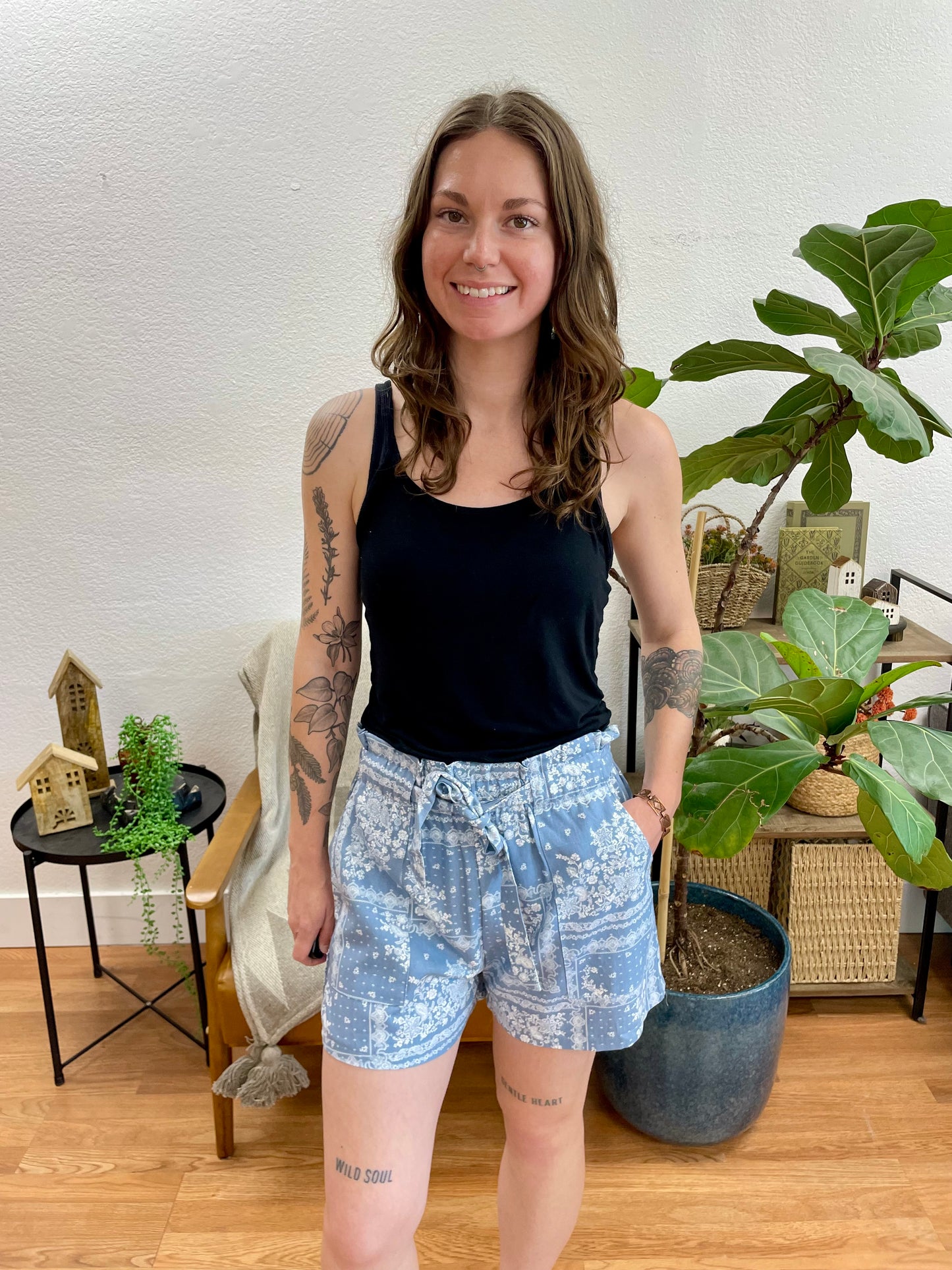 Blue Patterned Tie Front Shorts