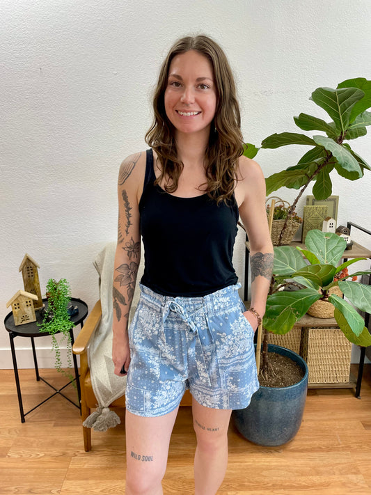 Blue Patterned Tie Front Shorts