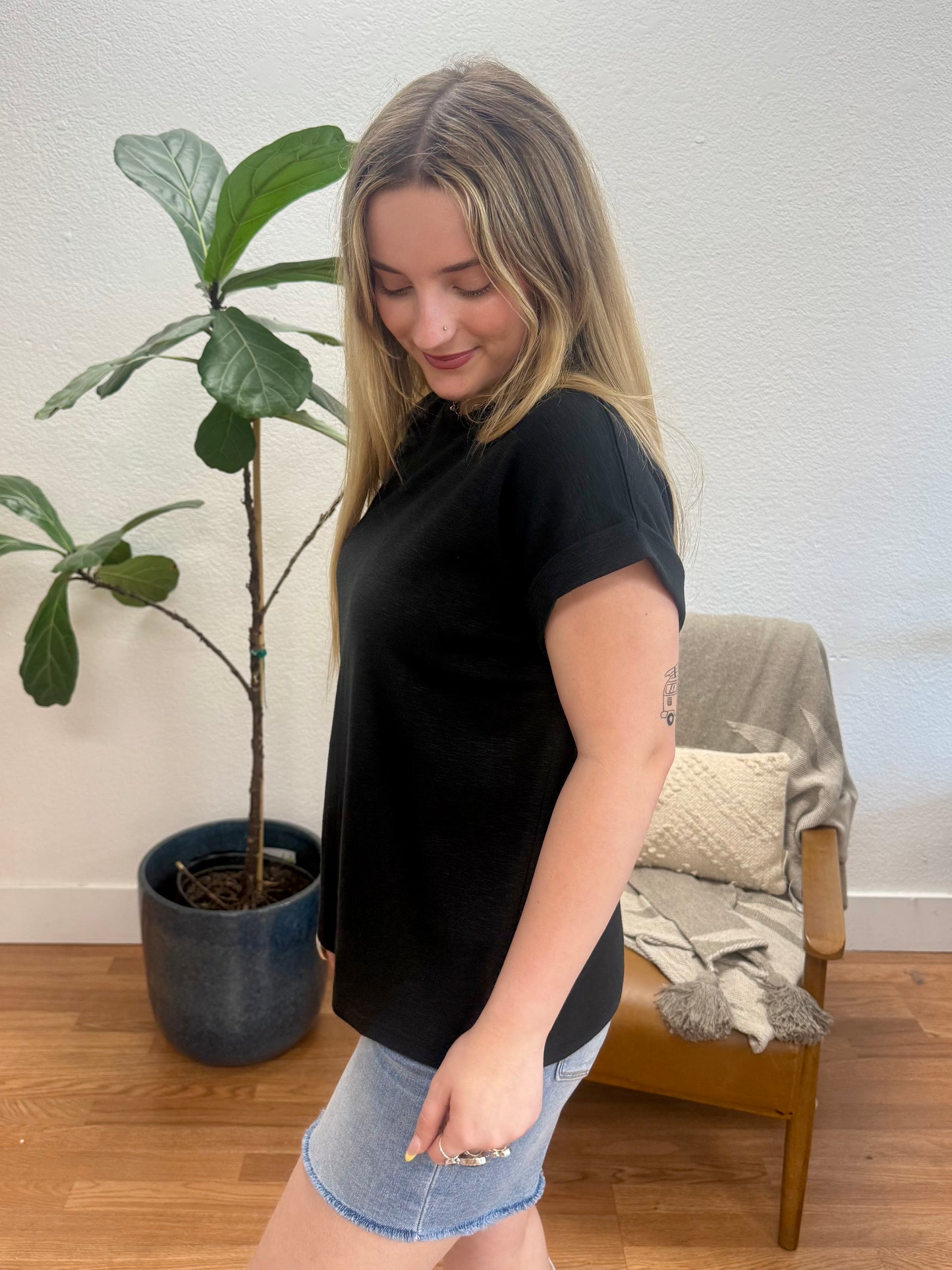 Black Modal Rolled Sleeve Tee