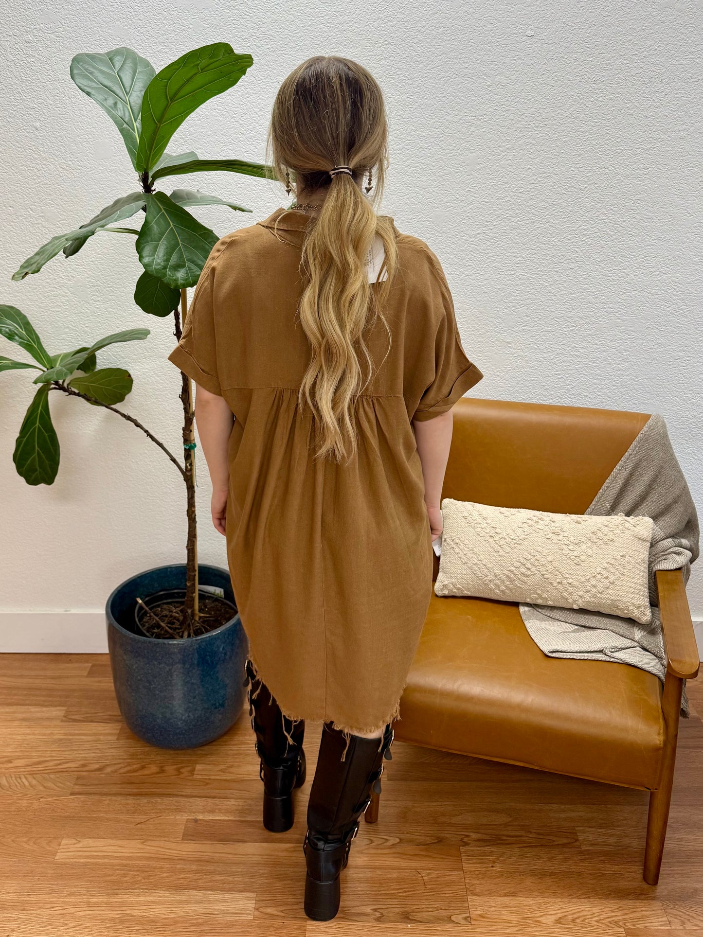 Deep Camel Washed Linen Dress