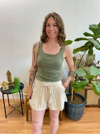 Taupe Linen Tie Front Shorts