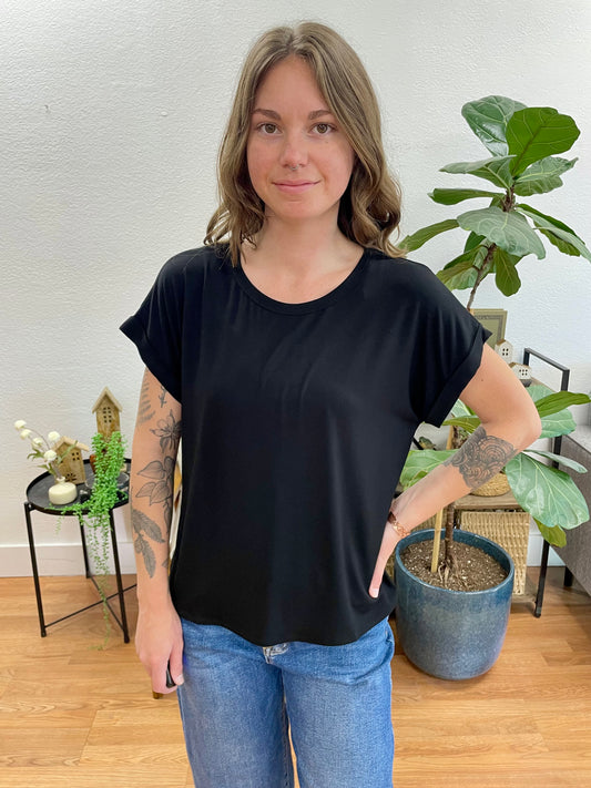 Black Crew Neck Rolled Sleeve Top