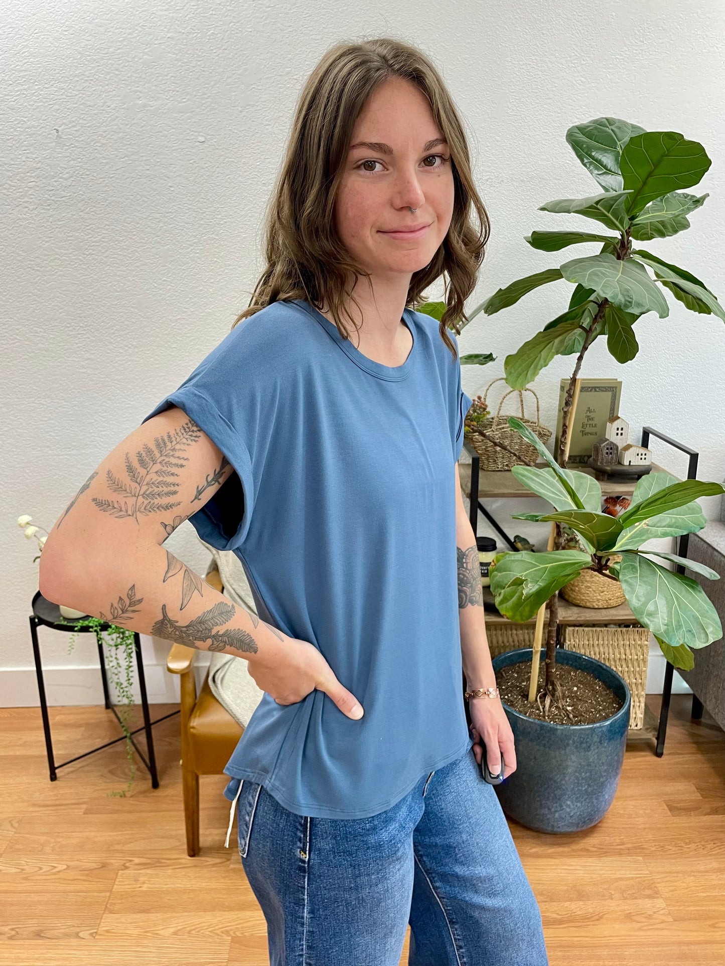 Slate Crew Neck Rolled Sleeve Top
