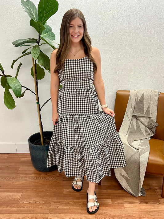 Black Checker Print Tiered Maxi Dress