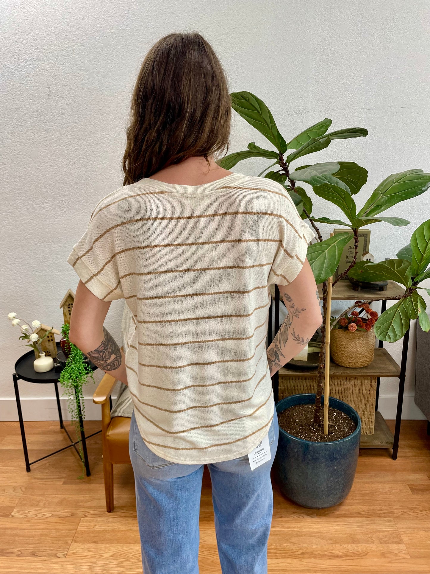 Cream Striped V Neck Knit Tee