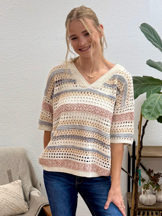 Cream Retro Striped Sweater