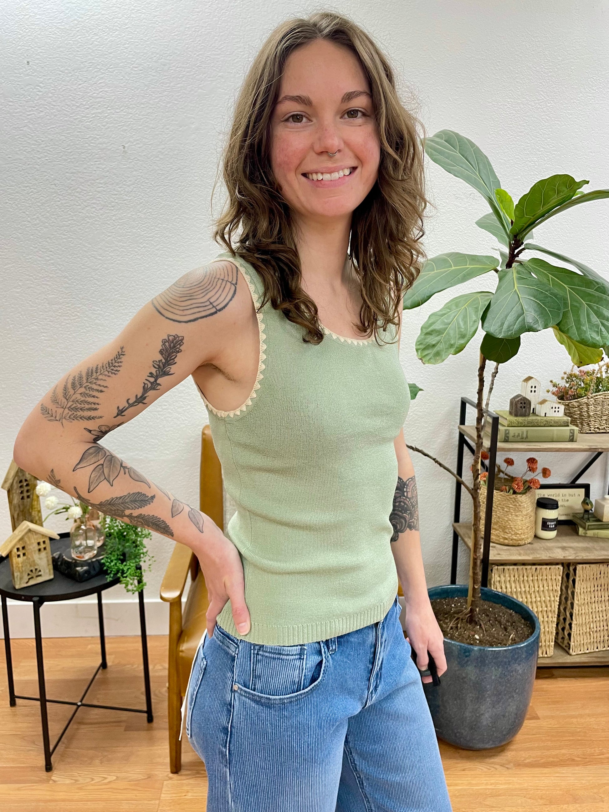 Sage Contrast Hem Sleeveless Sweater - Terra Cottage
