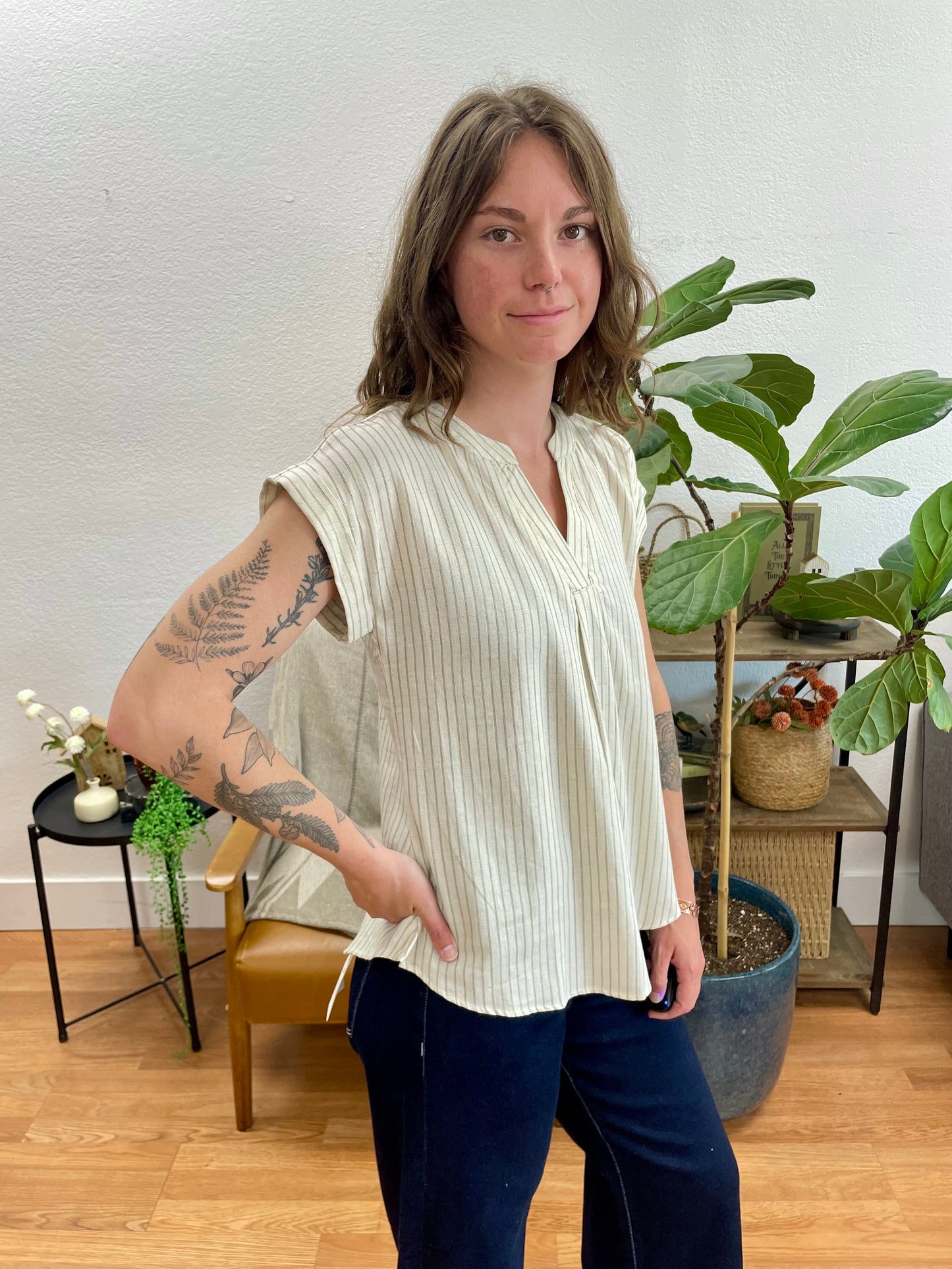 Olive Split Neck Stripe Blouse