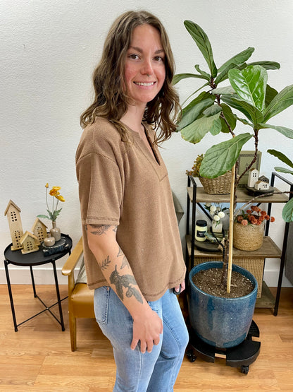 Mocha Split Neck Terry Knit Top