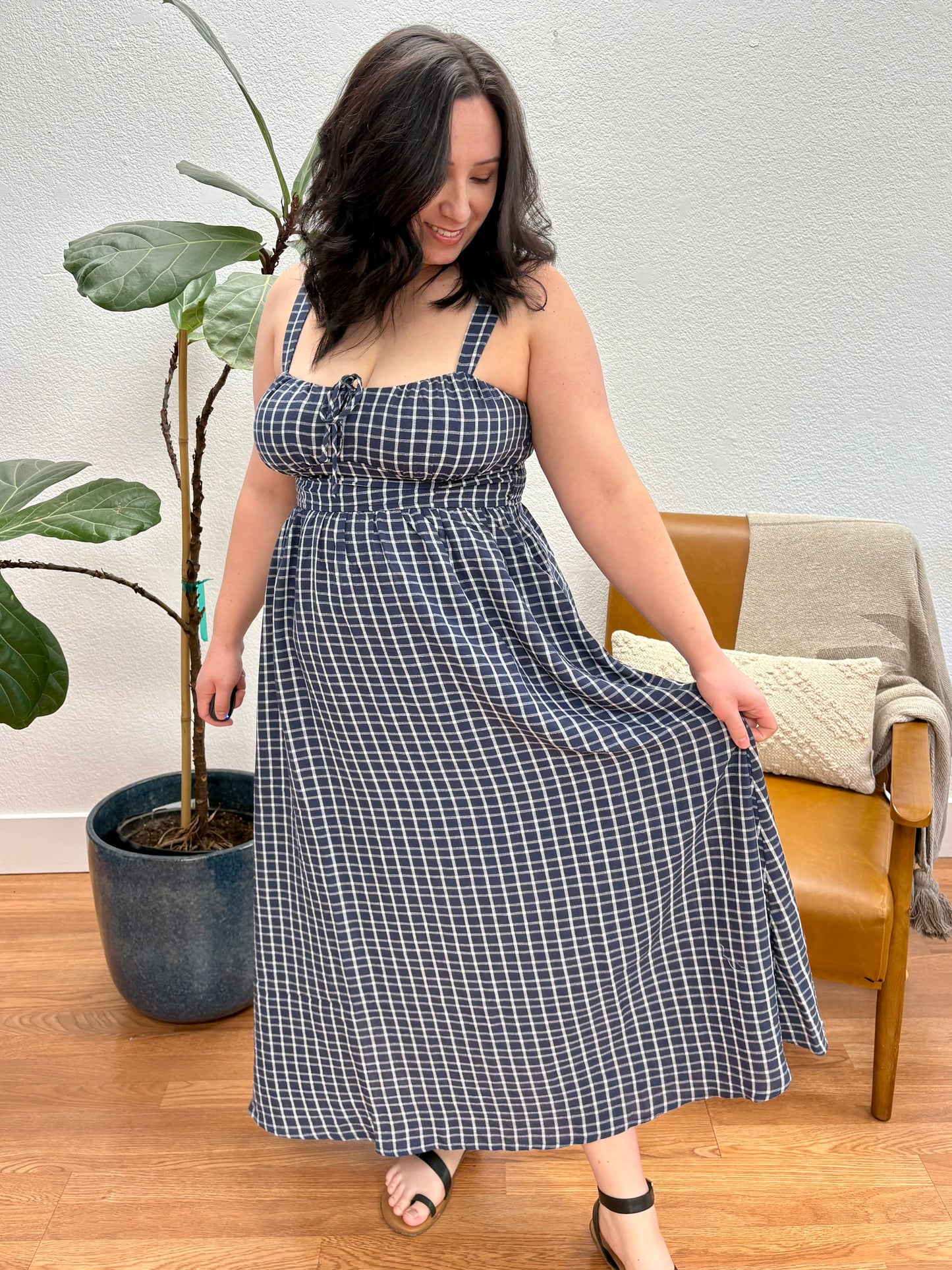 Navy Plaid Corset Midi Dress