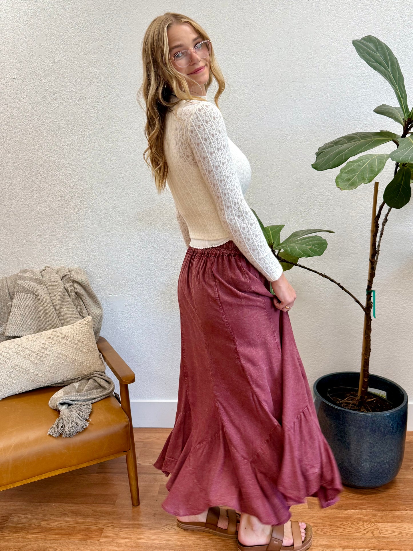 Wine Acid Wash Maxi Skirt