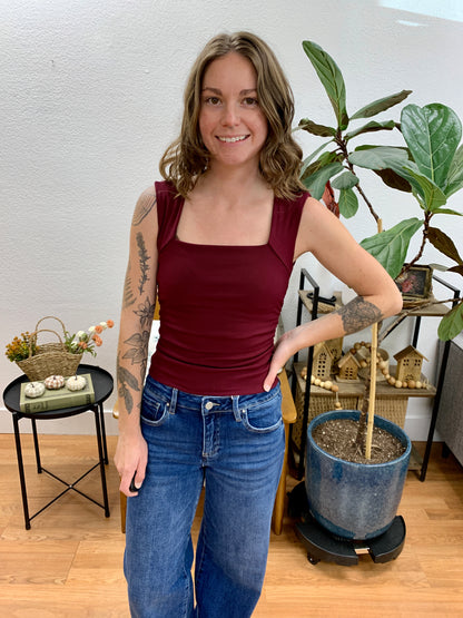 Burgundy Square Neck Sleeveless Top