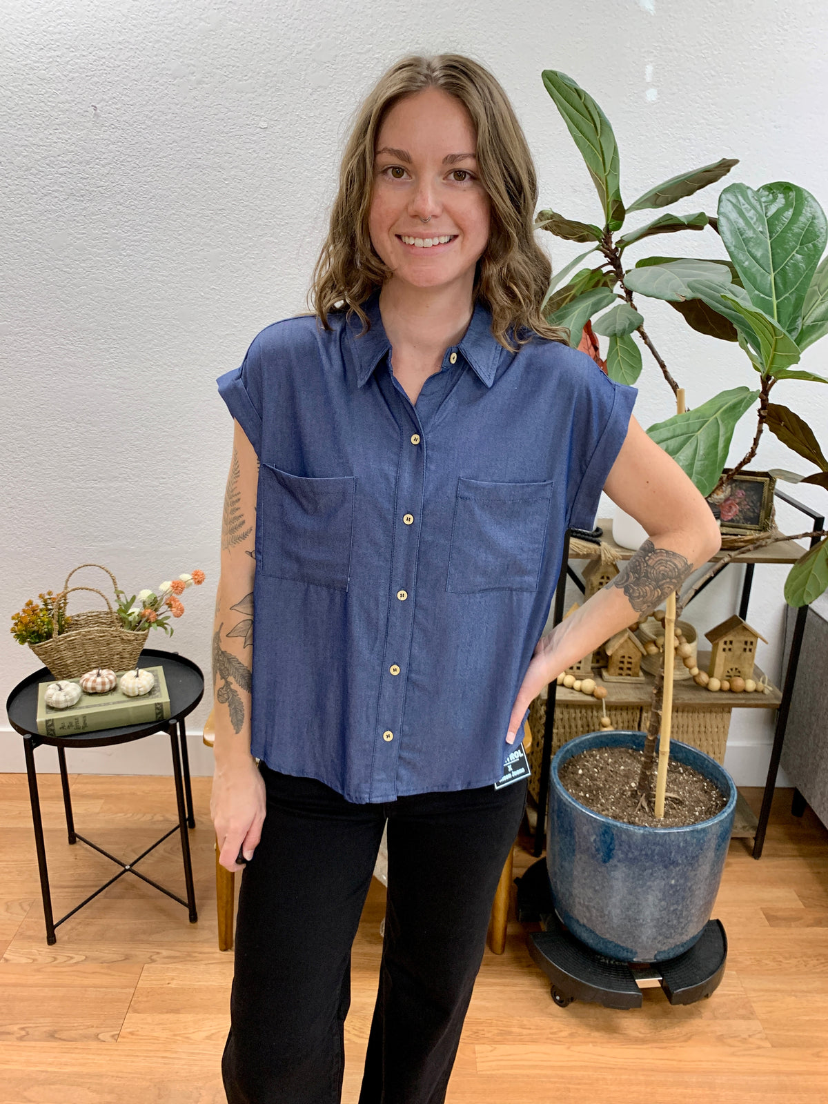 Denim Dolman Button Up Blouse