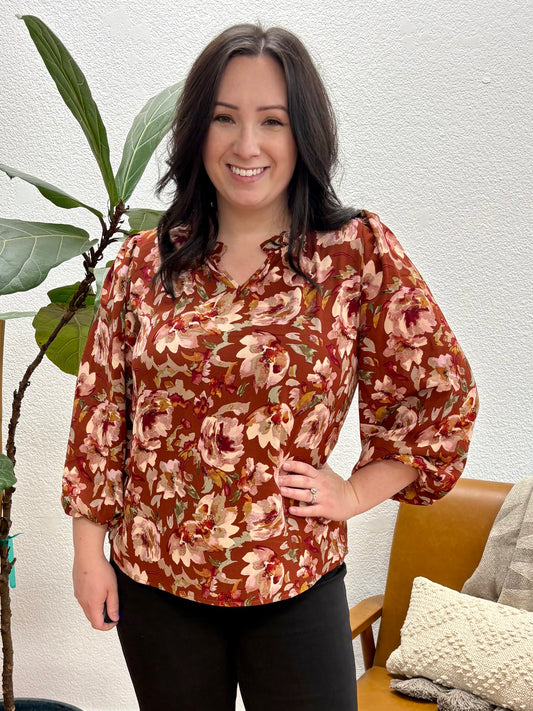 Rust Floral Ruffle Blouse