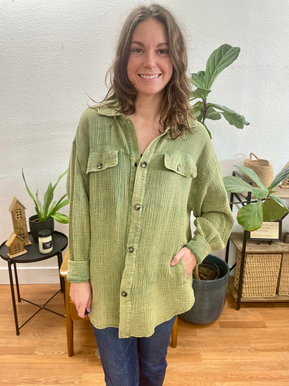 Olive Washed Button Up Oversized Shirt - Terra Cottage