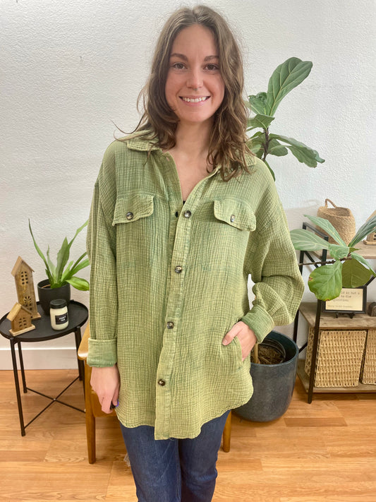 Olive Washed Button Up Oversized Shirt - Terra Cottage