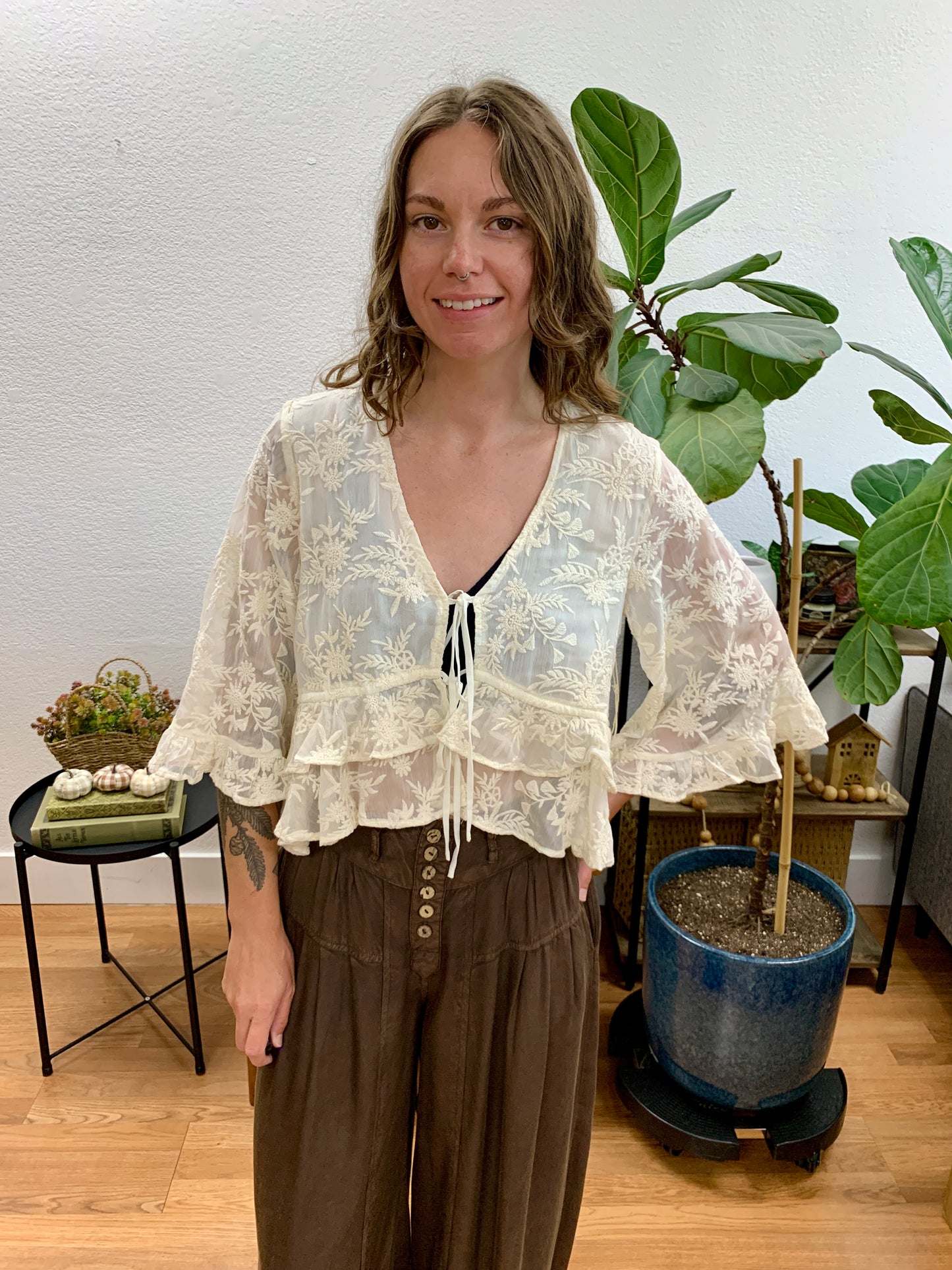 Cream Sheer Bell Sleeve Blouse