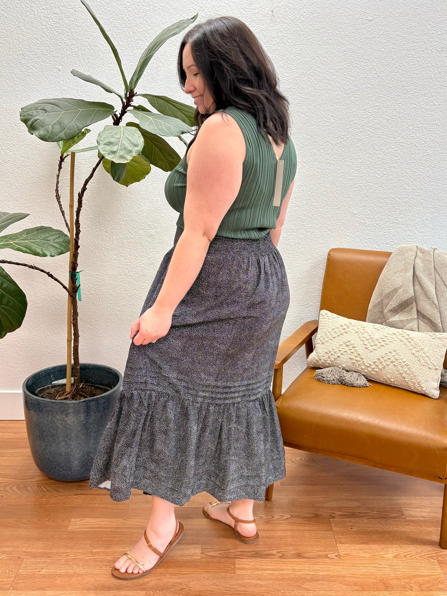 Black Animal Print Tiered Midi Skirt
