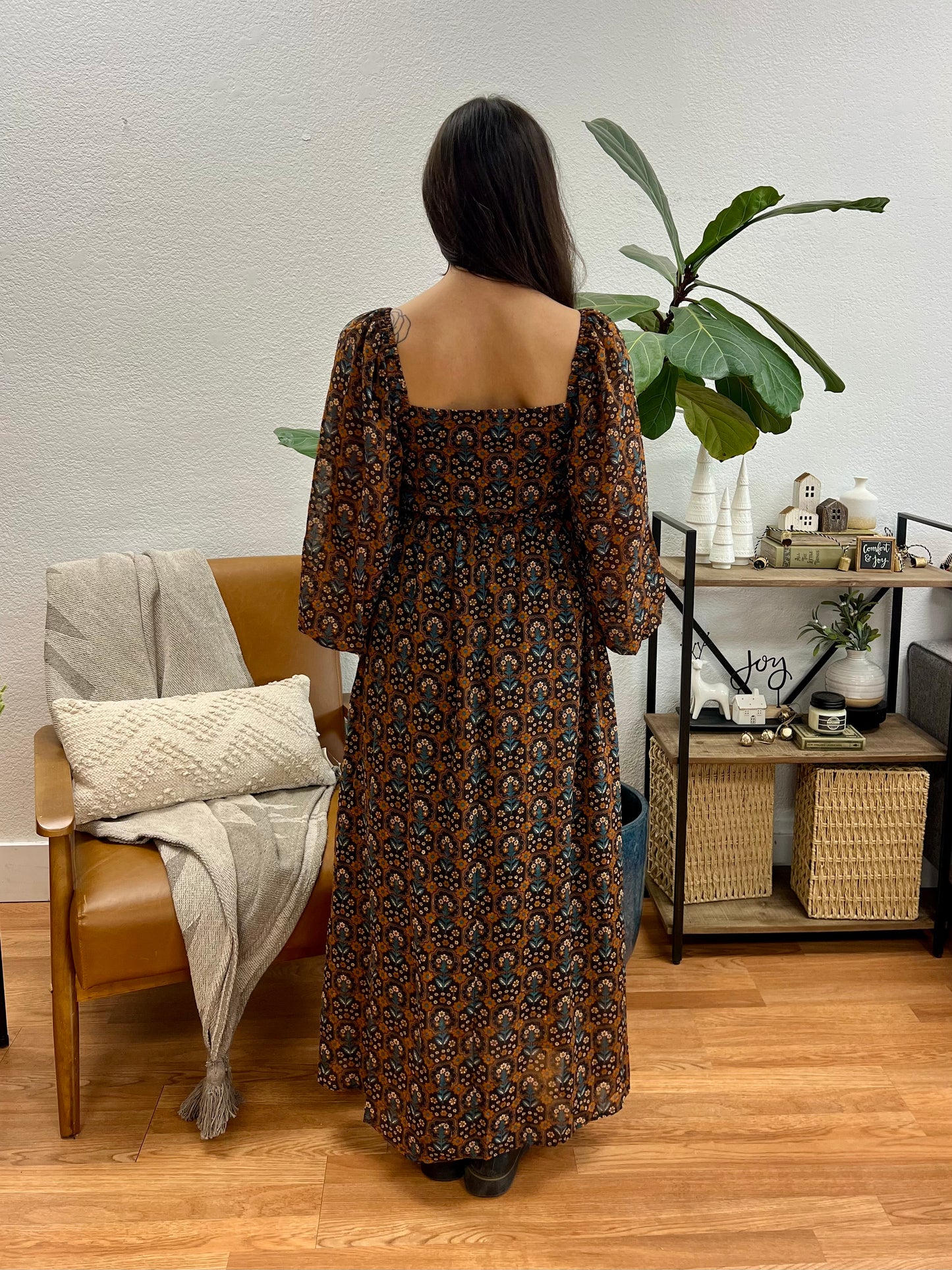 Dark Navy Floral Puff Sleeve Maxi Dress