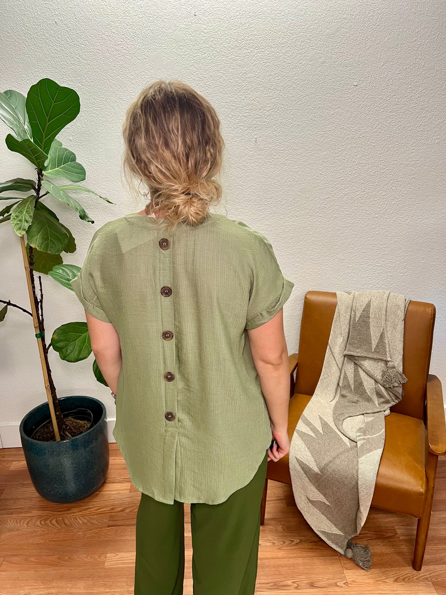 Lt Olive Split Neck Button Back Top