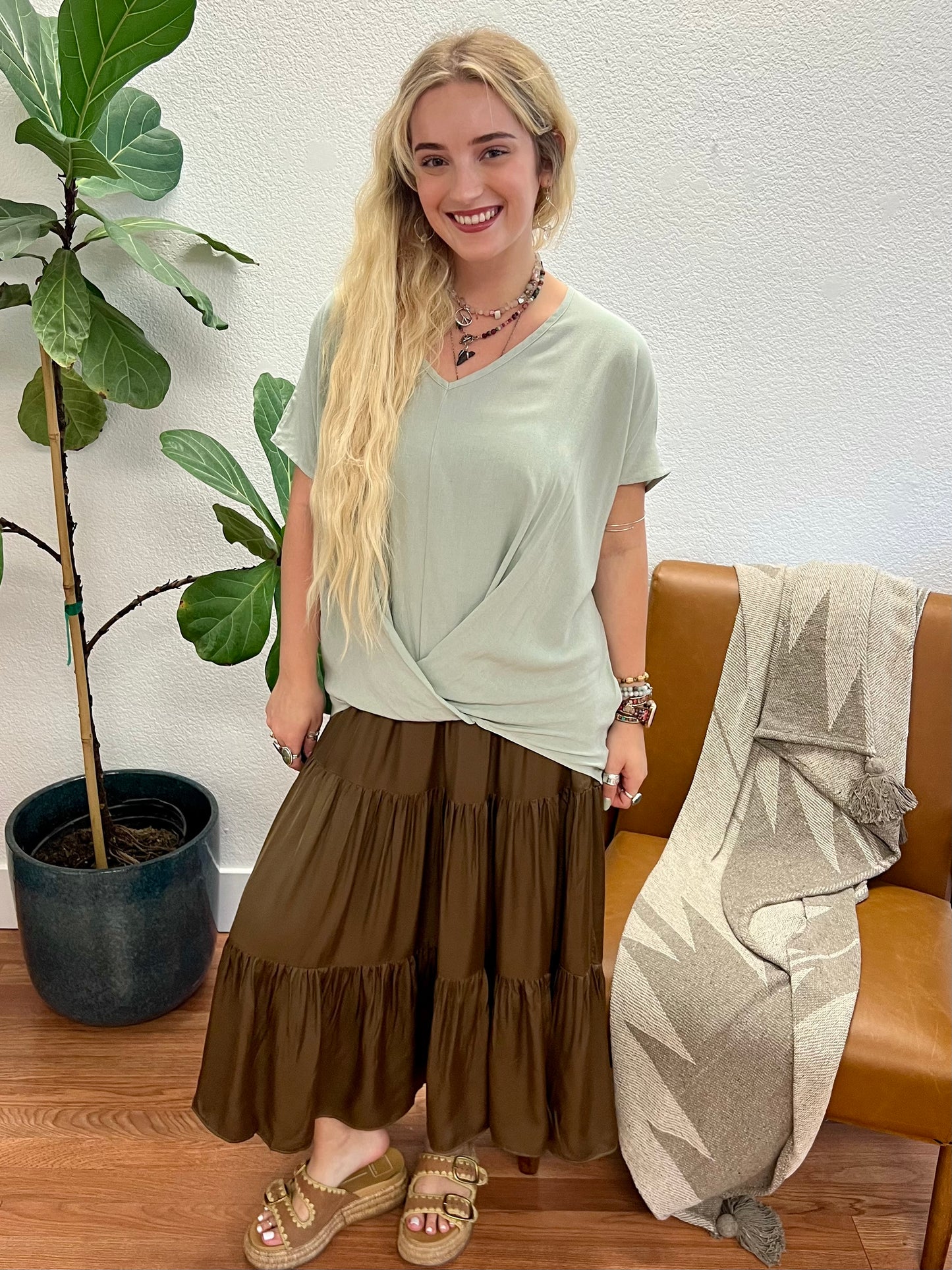 Sage V-Neck Linen Wrap Top