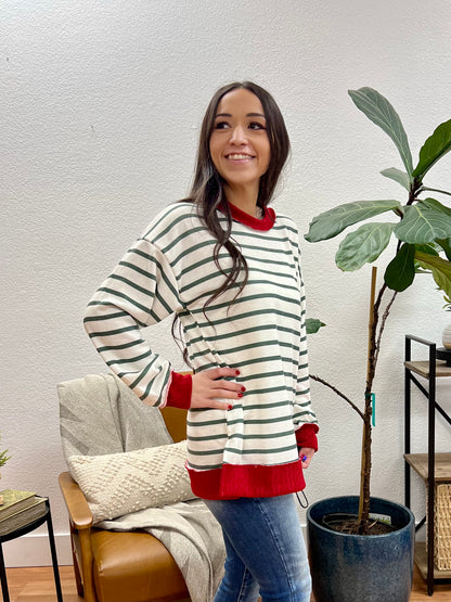 Off White And Hunter Green Striped Pullover