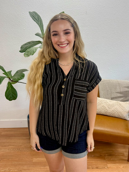 Black Stripe Half Button Top