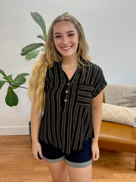 Black Stripe Half Button Top