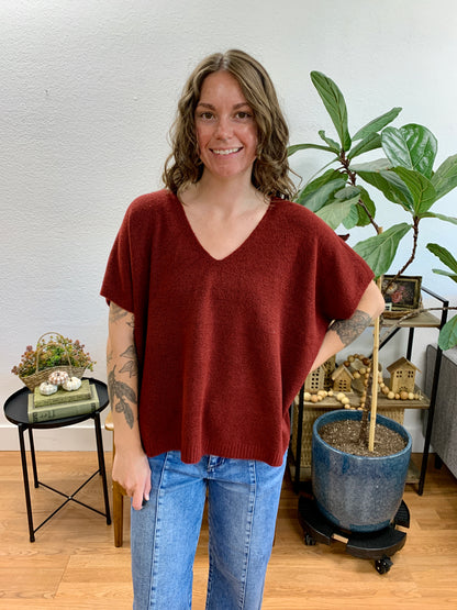 Wine V Neck Short Sleeve Sweater