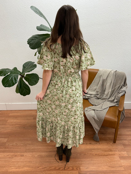 Olive Floral Tiered Midi Dress